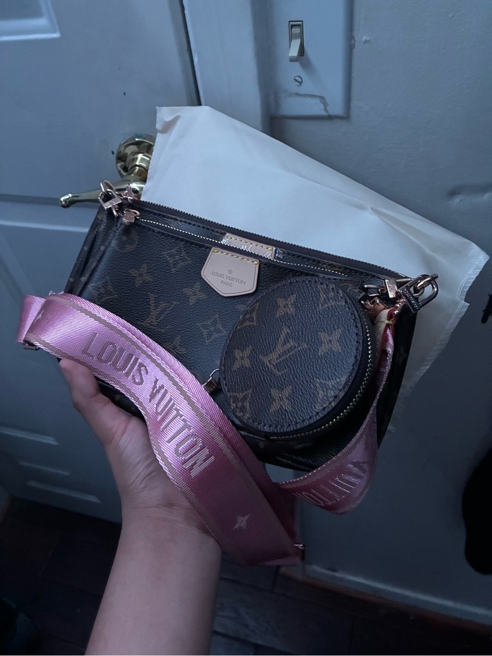 Louis Vuitton Brown Monogram Crossbody with Pink Branded Strap